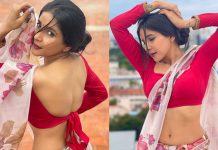 புடவை அணிந்து முன்னழகு அப்பட்டமாக தெரிய போஸ் கொடுத்த சாக்ஷி அகர்வால் !!