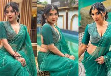 ட்ரான்ஸ்பரென்ட் சேலையில் கட்டழகை கச்சிதமாக காட்டி ரசிகர்களை சூடேற்றிய சாக்ஷி அகர்வால்!!