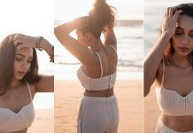 டைட்டான உடையில் தொடையை காட்டி போஸ் கொடுத்த சஞ்சனா!!